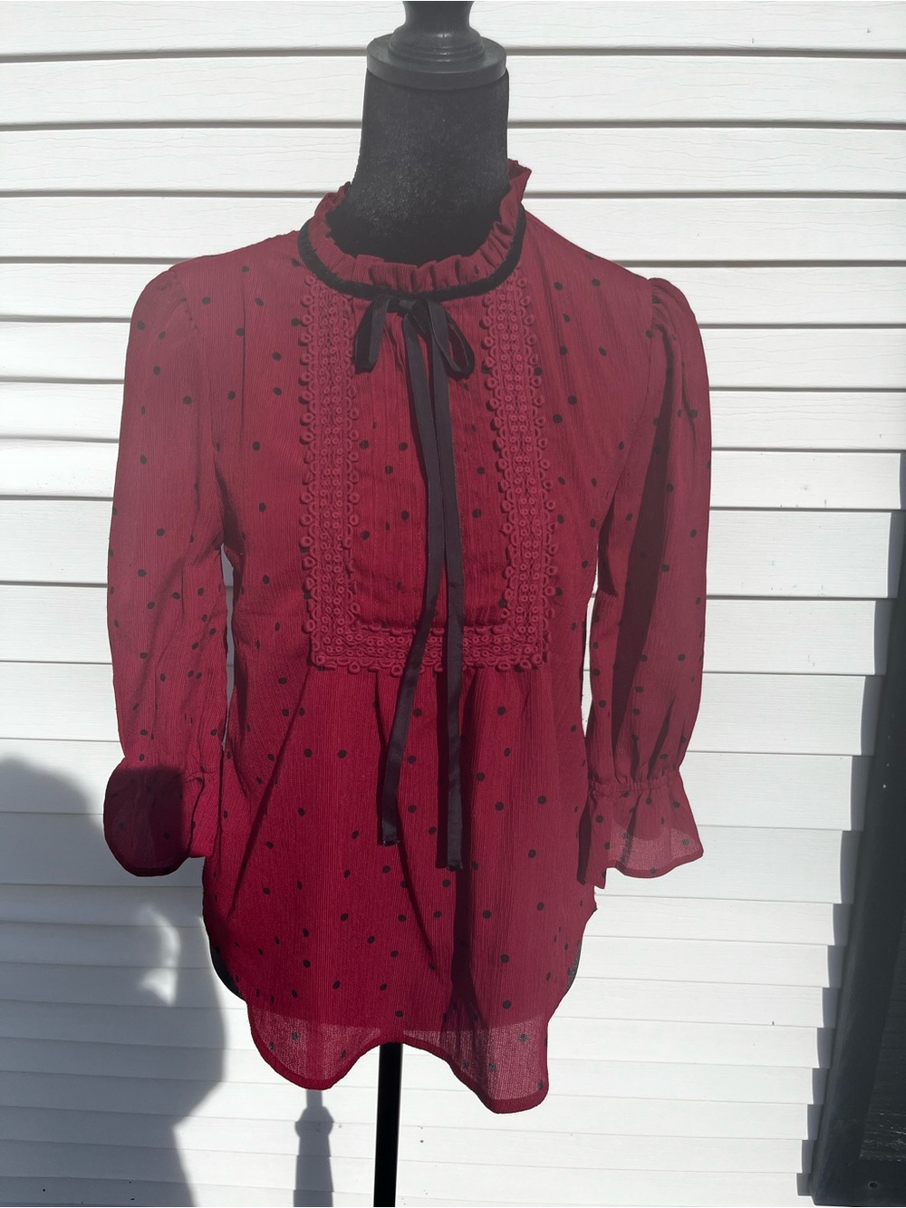 mine Burgundy Polka Dot Lace-Trim Tie-Neck Long Sleeve Blouse